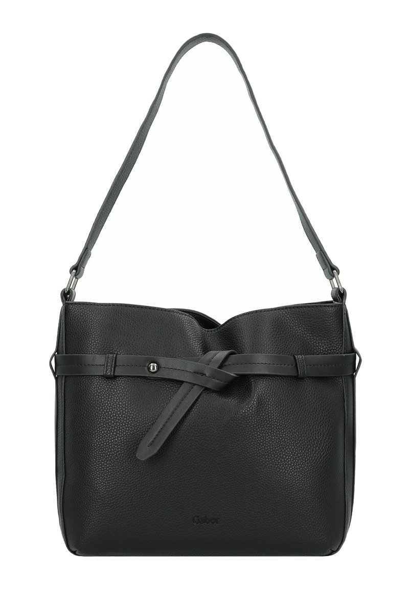 Schwarze Lederhandtasche mit strukturierter Oberfläche, ausgestattet mit einem geknoteten Tragriemen, verstellbarem Schulterriemen und einem minimalistischen Design.