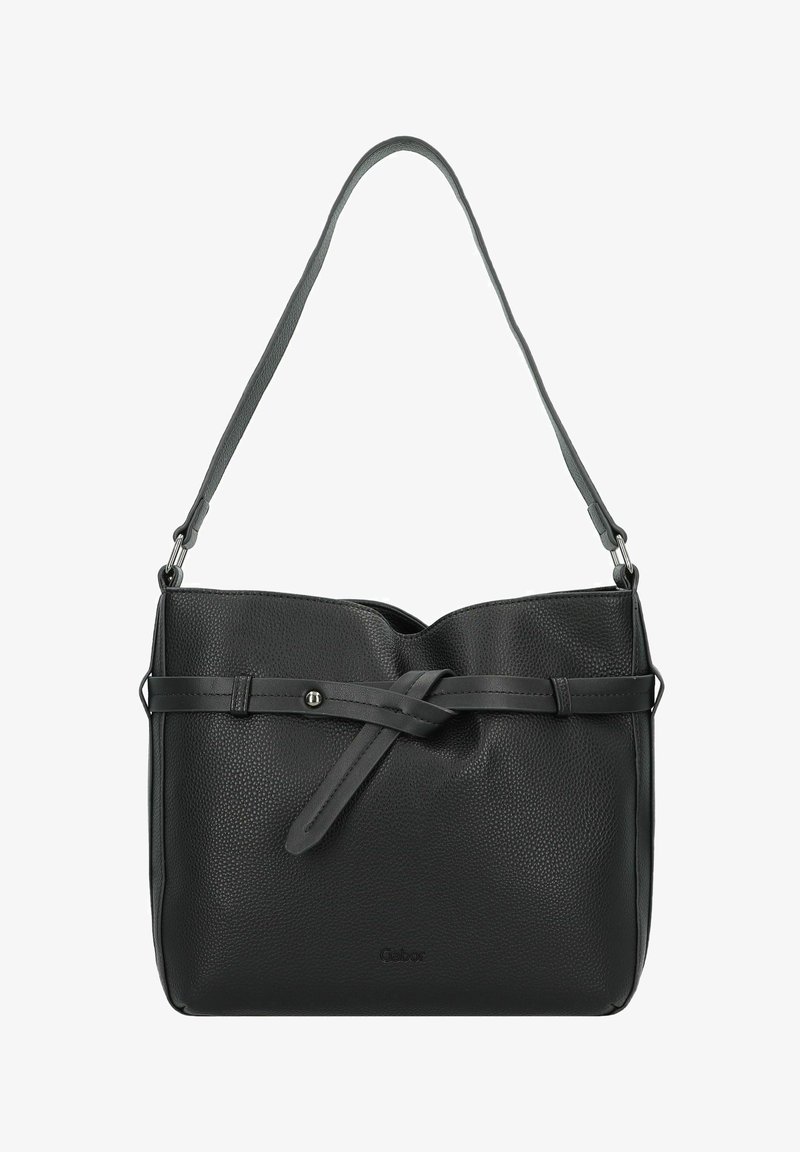 Sac à main en cuir noir avec une finition texturée, équipé d'un détail de sangle nouée, d'une bandoulière réglable et d'un design minimaliste.