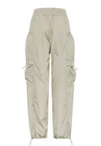 Lys beige cargobukser med elastisk linning, sidelommer og mesh-detaljer. Tekstureret materiale med tilspidsede ankler og justerbare snore.