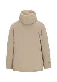 Beige Kapuzenjacke mit glatter Textur, die ein schlichtes Design, lange Ärmel und elastische Bündchen aufweist. Keine sichtbaren Beschläge oder Verzierungen.