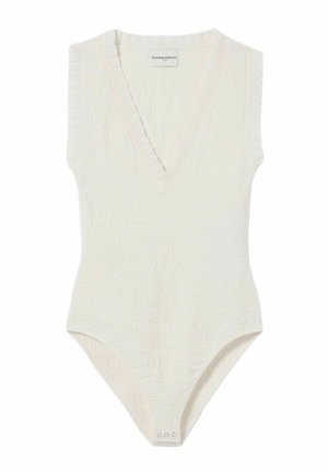 Body sin mangas blanco texturizado con escote en V y cierres a presión en la entrepierna, etiquetado "Claudie Pierlot Paris".