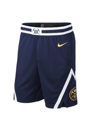 Marineblaue Basketballshorts mit weißem Bergmotiv, gelbem Nike-Swoosh am rechten Oberschenkel und Denver Nuggets Logo am linken Hosenbund.