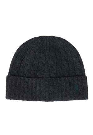 Berretto lavorato a maglia grigio scuro con polsino a costine e motivo a treccia, con un piccolo logo verde sul lato. Texture in morbida lana.