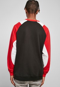 Vista posteriore di una felpa con corpo nero, maniche raglan a contrasto rosse e bianche e polsini a coste. Materiale in cotone elastico.