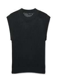 Top senza maniche in maglia nera con texture a rete aperta e collo a girocollo a costine. Silhouette dritta e rilassata senza hardware visibile.