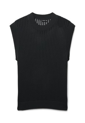 Top senza maniche in maglia nera con texture a rete aperta e collo a girocollo a costine. Silhouette dritta e rilassata senza hardware visibile.