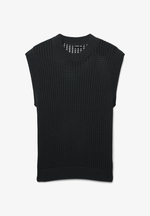 Top senza maniche in maglia nera con texture a rete aperta e collo a girocollo a costine. Silhouette dritta e rilassata senza hardware visibile.