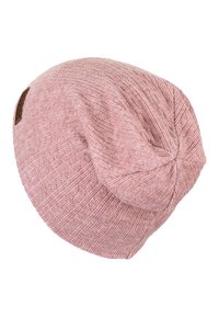 Pink knit beanie with a textured surface, slightly slouchy design, and a small brown logo tag on the side.