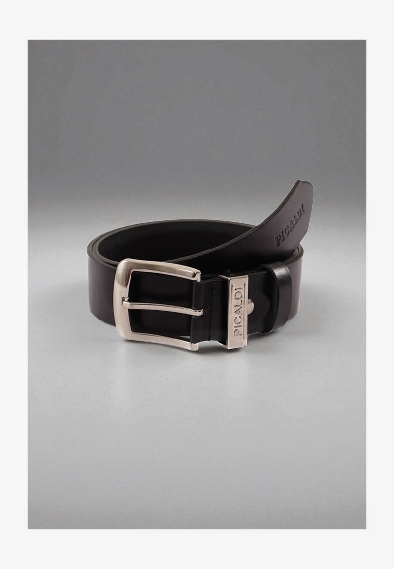 Black leather belt with a shiny silver buckle, featuring a rectangular shape and embossed brand name on the strap. Smooth texture.