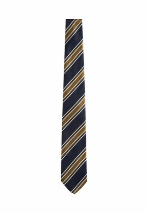 Navy blue necktie with diagonal brown and white stripes running across its length on a white background.