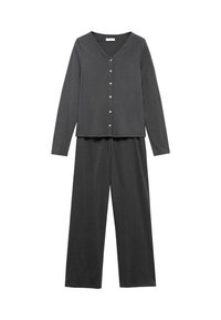 Dark gray long-sleeve button-up top paired with matching wide-leg pants, made from soft, lightweight fabric.
