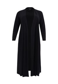 Lange zwarte cardigan gemaakt van zachte stof, met driekwartmouwen voorzien van studs op de manchetten en een open voorkant.