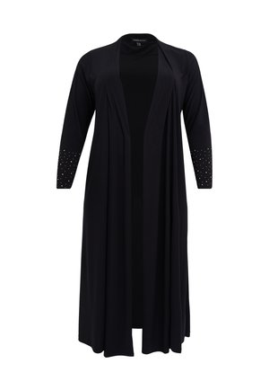 Lang sort cardigan lavet af blødt stof, med trekvartærmer og pyntede nitter på manchetterne samt åbent frontdesign.