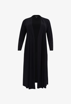 Long black cardigan made from soft fabric, featuring three-quarter sleeves with studded accents on the cuffs and open front design.