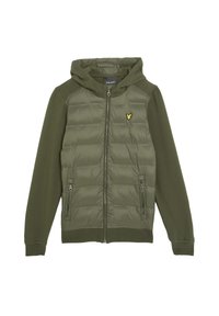 Olivgrüne Reißverschluss-Hoodiejacke mit gesteppter Frontpartie, Fleecefäden, zwei Reißverschlusstaschen und kleinem gelben Vogel-Logo auf der Brust.