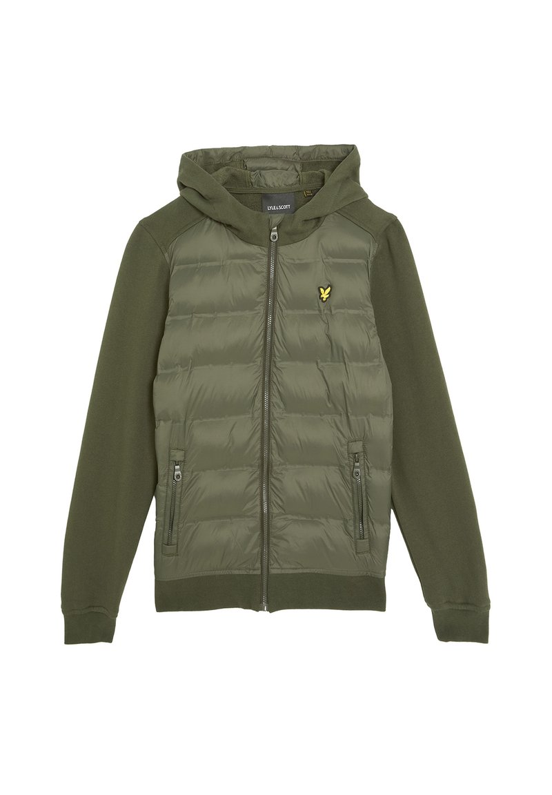 Olivgrüne Reißverschluss-Hoodiejacke mit gesteppter Frontpartie, Fleecefäden, zwei Reißverschlusstaschen und kleinem gelben Vogel-Logo auf der Brust.