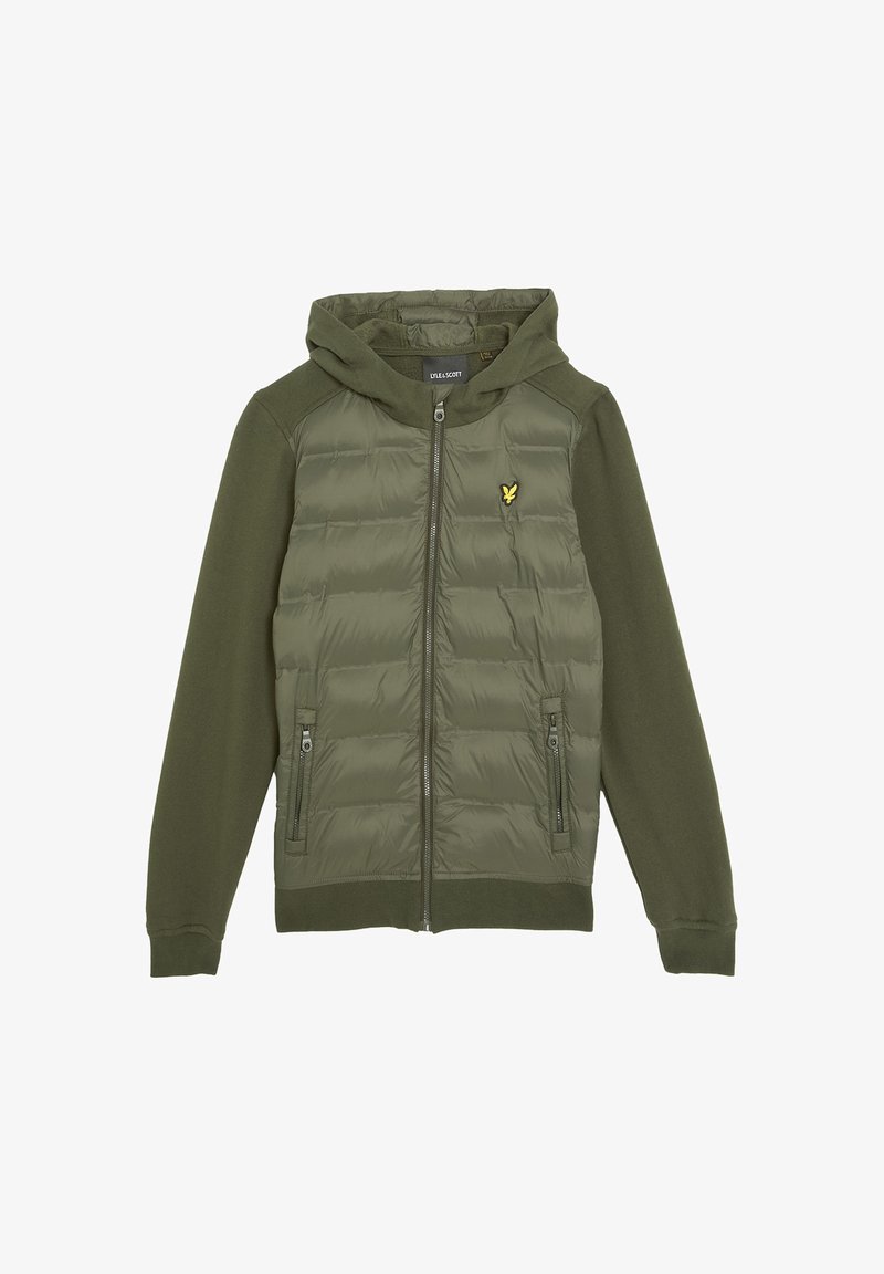 Olivgrüne Reißverschluss-Hoodiejacke mit gesteppter Frontpartie, Fleecefäden, zwei Reißverschlusstaschen und kleinem gelben Vogel-Logo auf der Brust.