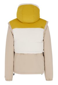 Pūkuota striukė su geltonu gaubtu ir baltu viršutiniu skyriumi, kreminiu apačiu, elastiniais rankovėmis ir trumpinta išvaizda. Logotipas kairiajame viršutiniame kampe.