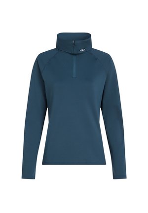 Teal lange mouw top met een kwart rits, hoge kraag en raglanmouwen. Gladde stof met minimale stikseldetails.