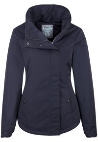 Granatowa kurtka damska z wysokim kołnierzem, zamek błyskawiczny z przodu, zatrzaski oraz dwie boczne kieszenie, zaprojektowana na zimne warunki.