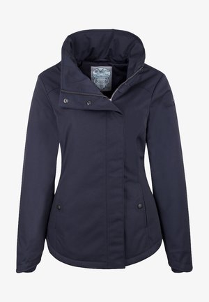 Granatowa kurtka damska z wysokim kołnierzem, zamek błyskawiczny z przodu, zatrzaski oraz dwie boczne kieszenie, zaprojektowana na zimne warunki.