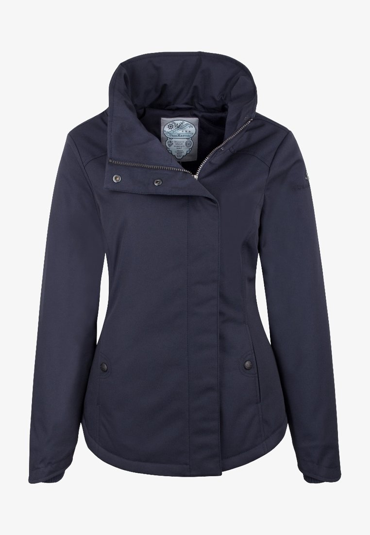 Granatowa kurtka damska z wysokim kołnierzem, zamek błyskawiczny z przodu, zatrzaski oraz dwie boczne kieszenie, zaprojektowana na zimne warunki.