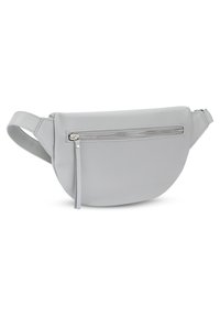 Szary skórzany nerka o zaokrąglonym kształcie, z przednią kieszenią na zamek błyskawiczny i gładką fakturą. Posiada regulowany pasek.