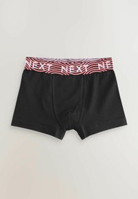 Čierne boxerky so elastickým pásom s ružovým a bielym pruhovaným vzorom a nápisom "NEXT"; hladká textúra látky.