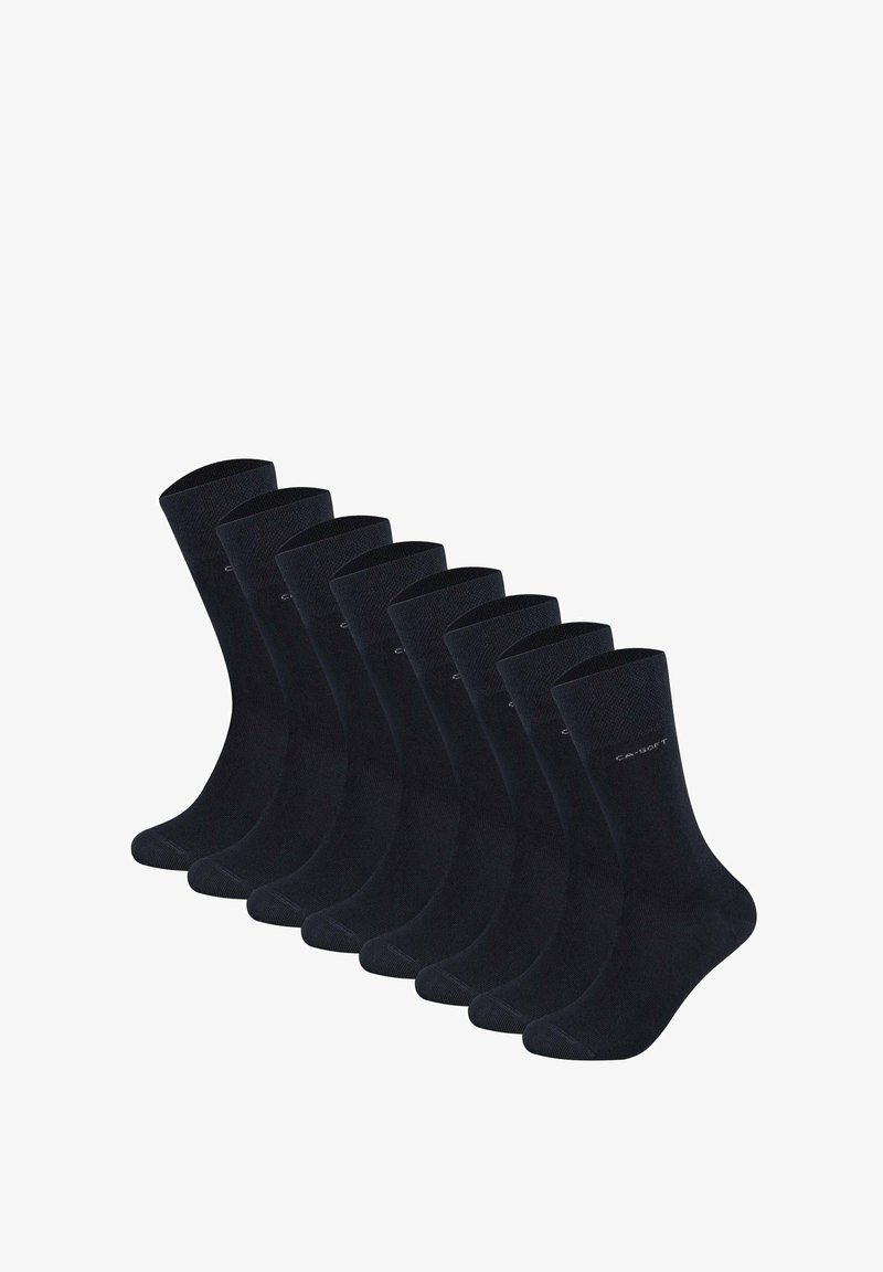 Paquete de ocho pares de calcetines hasta la rodilla en un oscuro azul marino sólido. Presenta puños acanalados y una textura suave. Adecuados para el uso diario.