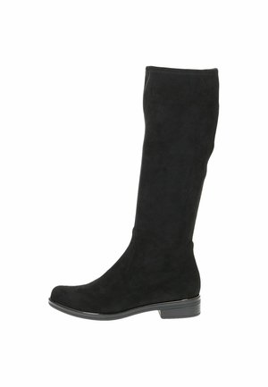 Botte haute jusqu'au genou en daim noir avec un bout rond, une texture lisse et un petit talon bloc. Aucune pièce métallique visible ni motif. Design simple.