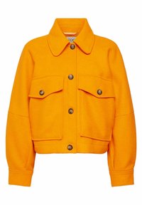 Short orange jacket made of soft fabric featuring a collared neck, button closure, and two front pockets with brown buttons.
