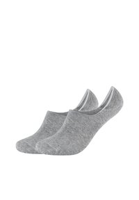 Graue Knöchelsocken aus weichem Material, mit einem gerippten Muster und einem tiefen Schnitt. Ohne Muster, mit einem kontrastierenden Besatz entlang der Öffnung.