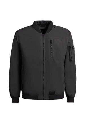 Zwarte bomberjack met ritssluiting aan de voorkant, met ritsen afgesloten borst- en mouwzakken, geribbelde boorden en tailleband.