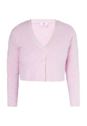 Cardigan corto rosa in morbido tessuto testurizzato. Caratterizzato da un collo a V, maniche lunghe e cinque bottoni sul davanti. Collo a coste in contrasto.