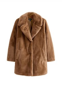 Cappotto in ecopelliccia marrone con ampio colletto, due tasche anteriori e vestibilità comoda. Tessuto morbido e design fino al ginocchio.