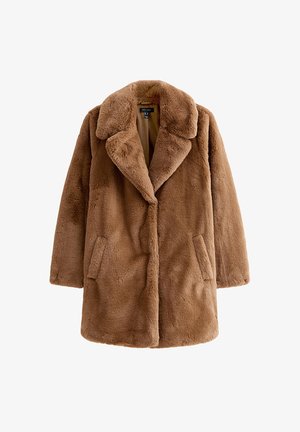 Brun fuskpälsjacka med bred krage, två framfickor och en avslappnad passform. Mjuk textur och design som når knäna.