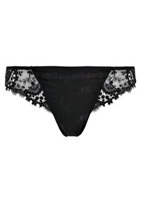 Black lace panties featuring sheer lace sides, floral embroidery accents, and a smooth rear panel. Delicate scalloped edges detail the lace.