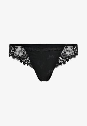 Svarta spetsunderkläder med genomskinliga spetskanter, blomsterbroderi och en slät bakpanel. Fina vågiga kanter pryder spetsen.