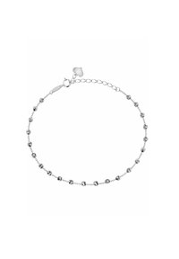 Silberne Kettenarmband mit kleinen runden Perlen und einem verstellbaren Verschluss. Das Design ist filigran und minimalistisch.