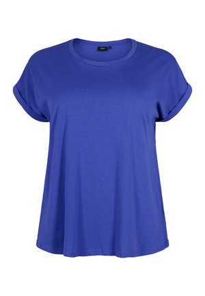 T-shirt a maniche corte dalla vestibilità ampia in cotone blu vivace, con colletto tondo e maniche arrotolate, caratterizzato da una texture liscia e un design senza decorazioni.