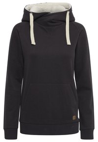 Sudadera negra con capucha de felpa forrada en crema, cordones en crema, bolsillo frontal, puños acanalados y un pequeño parche con el logo en el dobladillo.