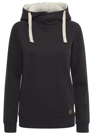 Sweat à capuche noir avec une capuche en peluche crème, cordons de serrage crème, poche avant, poignets côtelés et un petit logo sur l'ourlet.