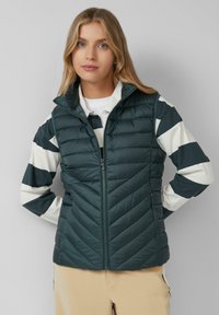 Jeune femme aux cheveux blonds portant un gilet matelassé vert foncé par-dessus une chemise à manches longues rayée noir et blanc et un pantalon beige.