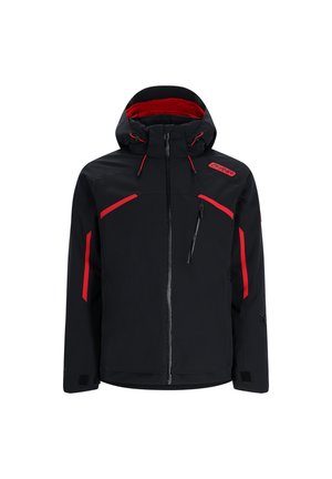 Veste de ski noire avec des accents rouges, fermeture éclair à l'avant, capuche ajustable, poches multiples et finition lisse et imperméable.