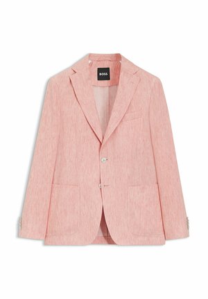 Lichtroze single-breasted blazer met inkeping revers, twee voorzakken, twee knopen en een zwart BOSS-label op de kraagvoering.