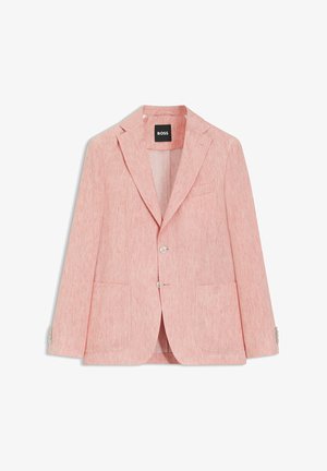 Vaaleanpunainen yksirivinen bleiseri lovikauluksilla, kahdella etutaskulla, kahdella napilla ja mustalla BOSS-merkillä kauluksen vuorissa.