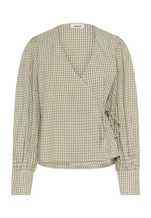Light plaid wrap top in beige and navy, featuring long puff sleeves, a deep V-neckline, and a side tie for adjustable fit.