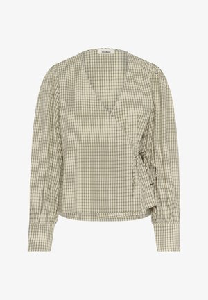 Light plaid wrap top in beige and navy, featuring long puff sleeves, a deep V-neckline, and a side tie for adjustable fit.