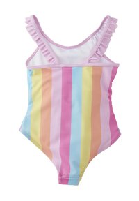 Costume intero con strisce verticali rosa, gialle, blu e arancioni. Presenta spalline arricciate e un tessuto morbido e elasticizzato.