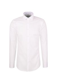 Witte langarm button-up shirt met een kraag. Gladde textuur, getailleerde pasvorm en een enkele zak aan de linkerkant, met witte knopen.